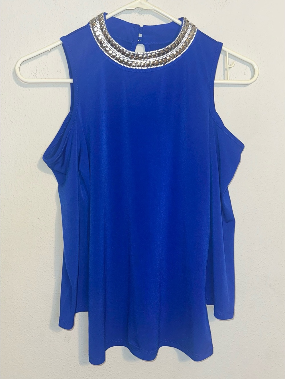 Moa Moa Blue Embellished Neck Cold Shoulder Blouse